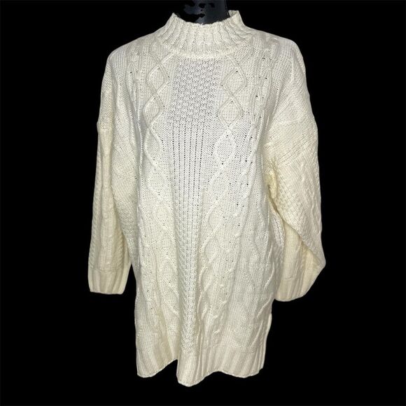 Vintage Sweater Cable Knit Fisherman Mock Neck Chunky Baggy Cream Size Large - Picture 1 of 9